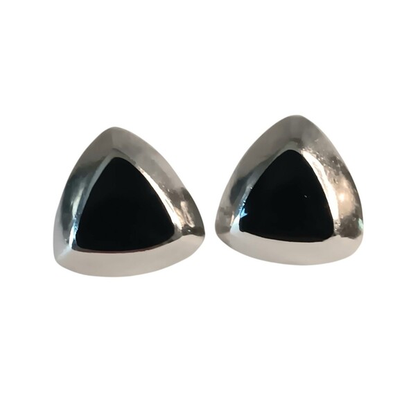 Vintage 925 Sterling Silver Black Onyx Triangle Modernist Post Earrings 3/4 Inch - Picture 2 of 9